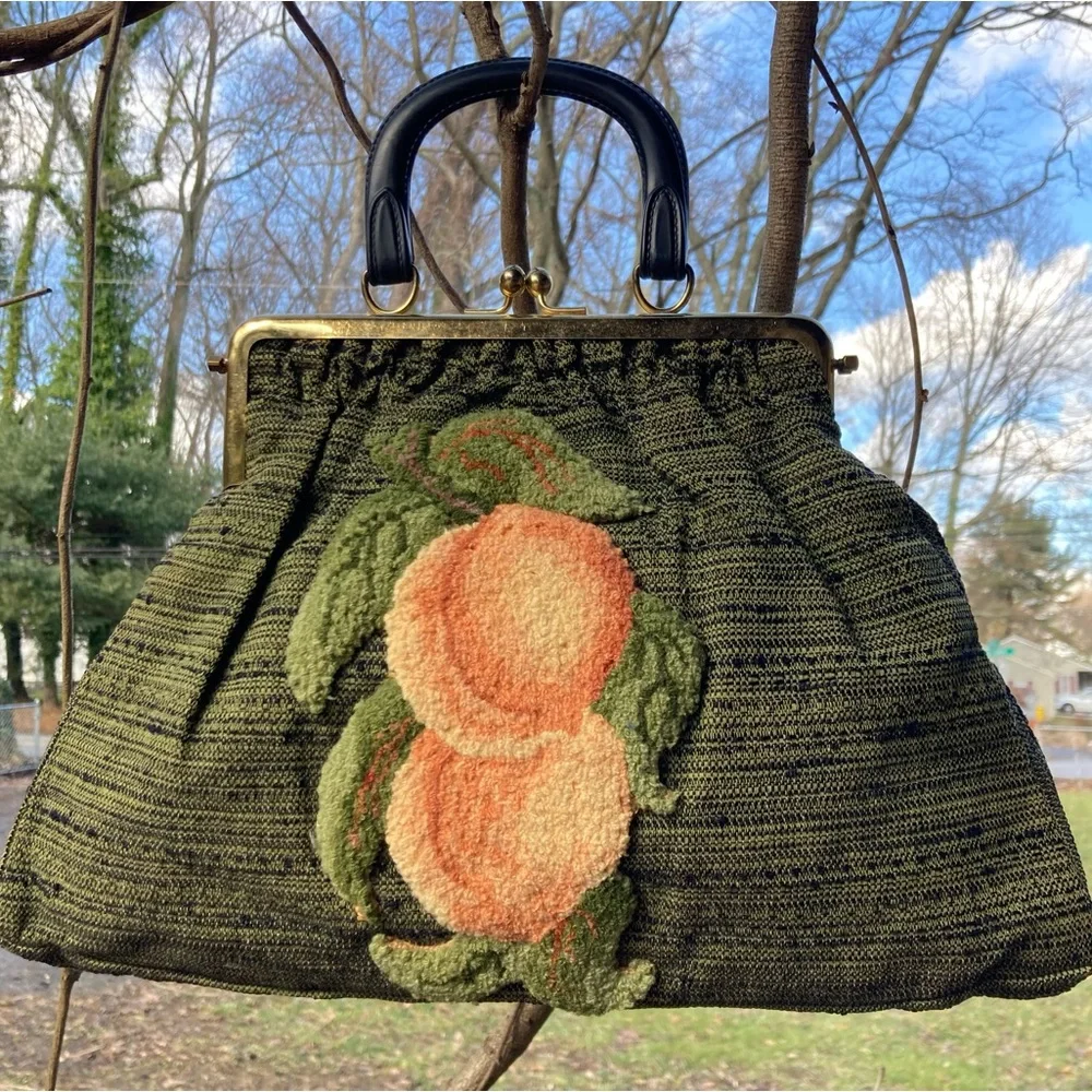 Vintage Style Peach Carpetbag Applique on Green Black Lined Fabric Handbag *HP!*
